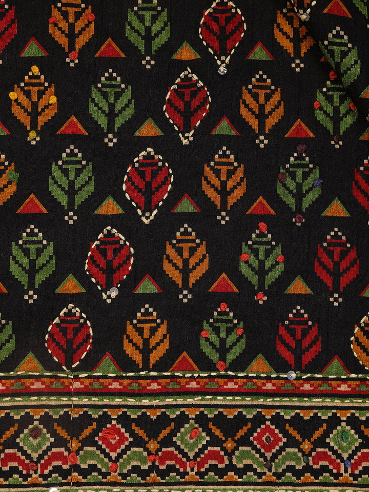 Black Floral Printed Kantha Work Chanderi Cotton Saree - Diadem