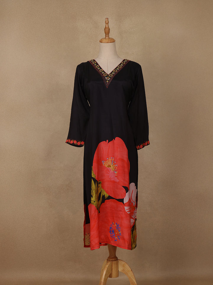 Black Floral Printed Rayon Kurti - Diadem