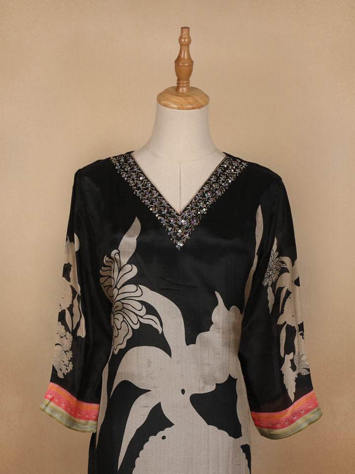 Black Floral Printed Semi Silk Kurti - Diadem