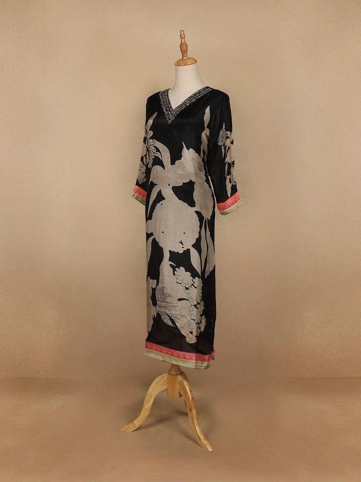 Black Floral Printed Semi Silk Kurti - Diadem