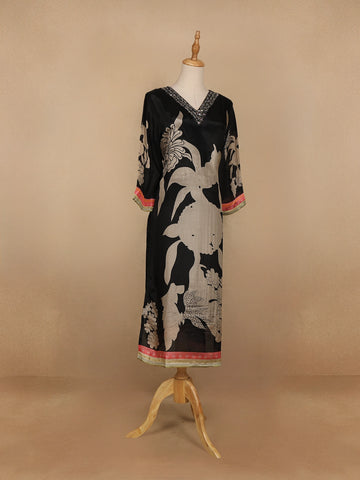 Black Floral Printed Semi Silk Kurti - Diadem