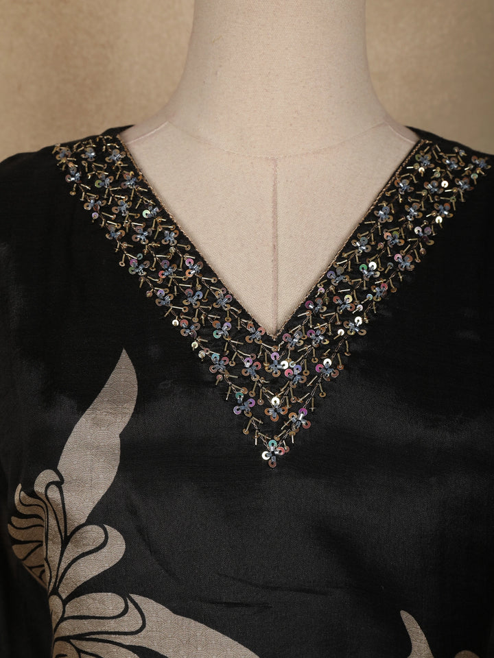 Black Floral Printed Semi Silk Kurti - Diadem