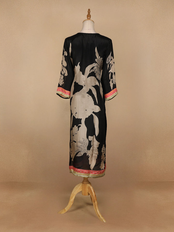 Black Floral Printed Semi Silk Kurti - Diadem