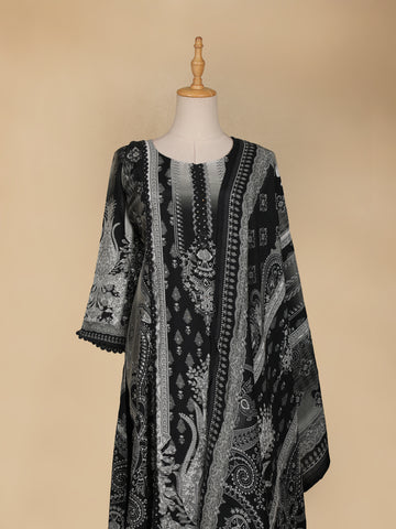 Black Floral Printed Semi Silk Salwar Suit - Diadem