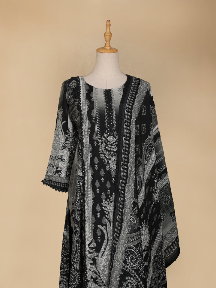 Black Floral Printed Semi Silk Salwar Suit - Diadem