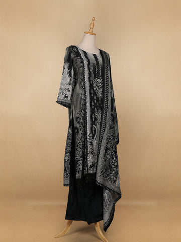 Black Floral Printed Semi Silk Salwar Suit - Diadem