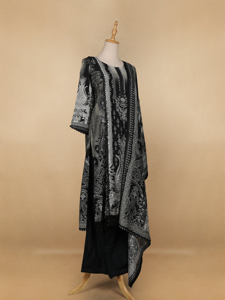 Black Floral Printed Semi Silk Salwar Suit - Diadem