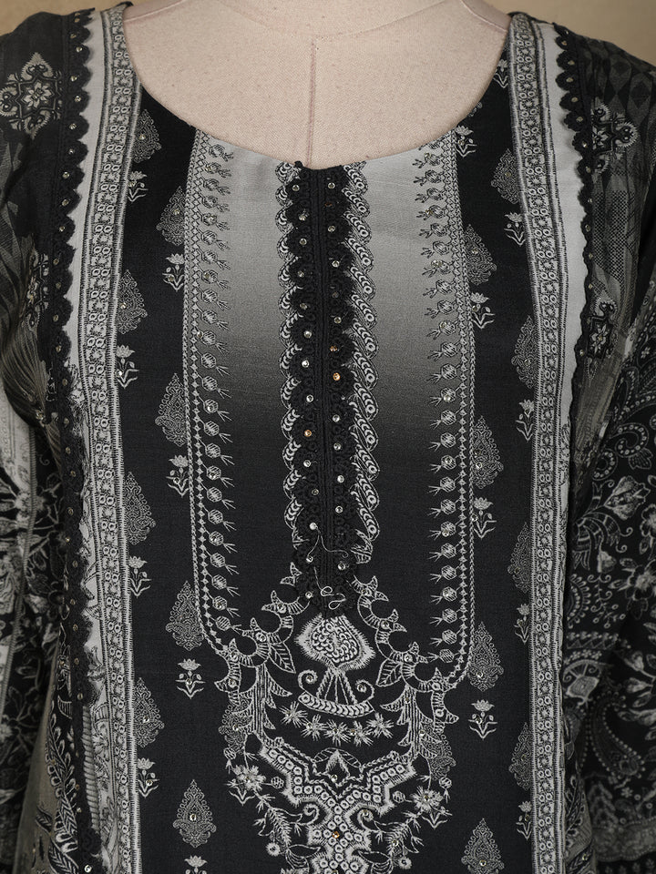 Black Floral Printed Semi Silk Salwar Suit - Diadem