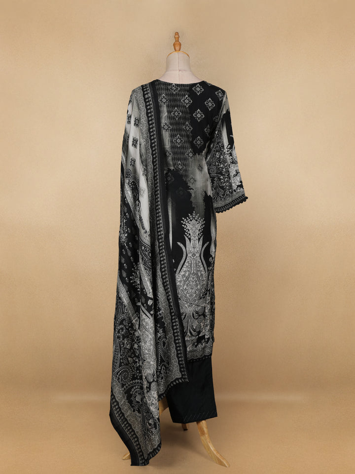 Black Floral Printed Semi Silk Salwar Suit - Diadem