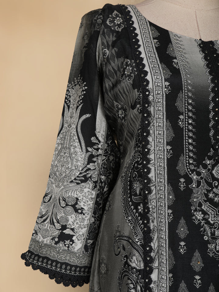 Black Floral Printed Semi Silk Salwar Suit - Diadem