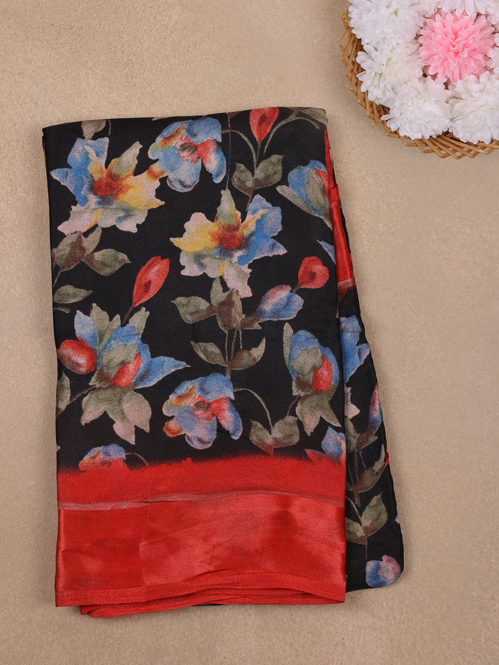 Black Floral Prints Fancy Chiffon Saree - Diadem