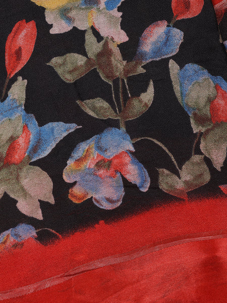 Black Floral Prints Fancy Chiffon Saree - Diadem