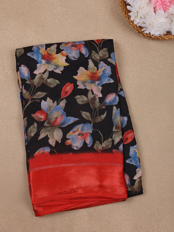 Black Floral Prints Fancy Georgette Saree - Diadem