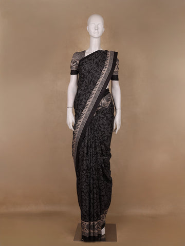 Black Floral Woven Design Tussar Silk Saree - Diadem