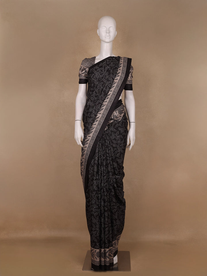 Black Floral Woven Design Tussar Silk Saree - Diadem
