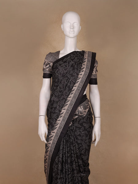 Black Floral Woven Design Tussar Silk Saree - Diadem