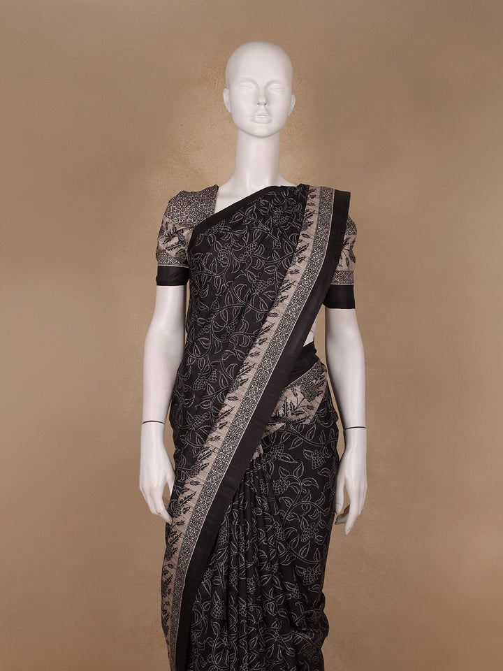 Black Floral Woven Design Tussar Silk Saree - Diadem
