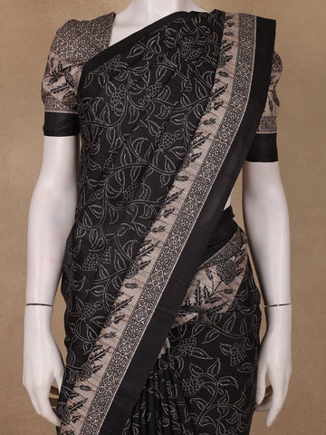 Black Floral Woven Design Tussar Silk Saree - Diadem