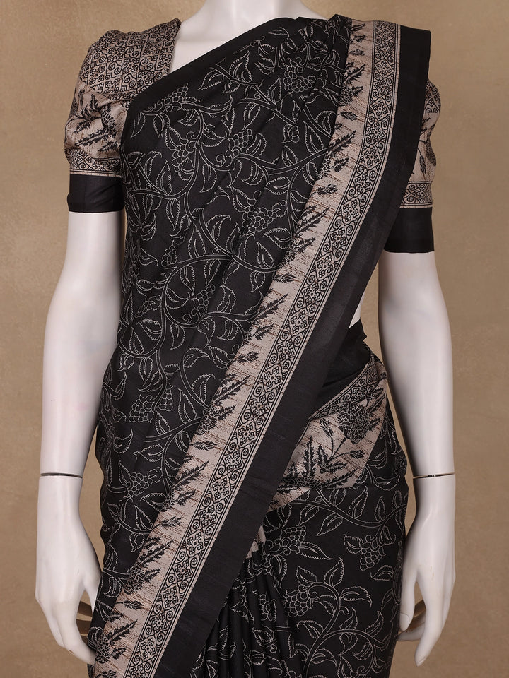 Black Floral Woven Design Tussar Silk Saree - Diadem