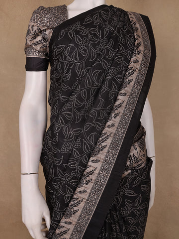 Black Floral Woven Design Tussar Silk Saree - Diadem