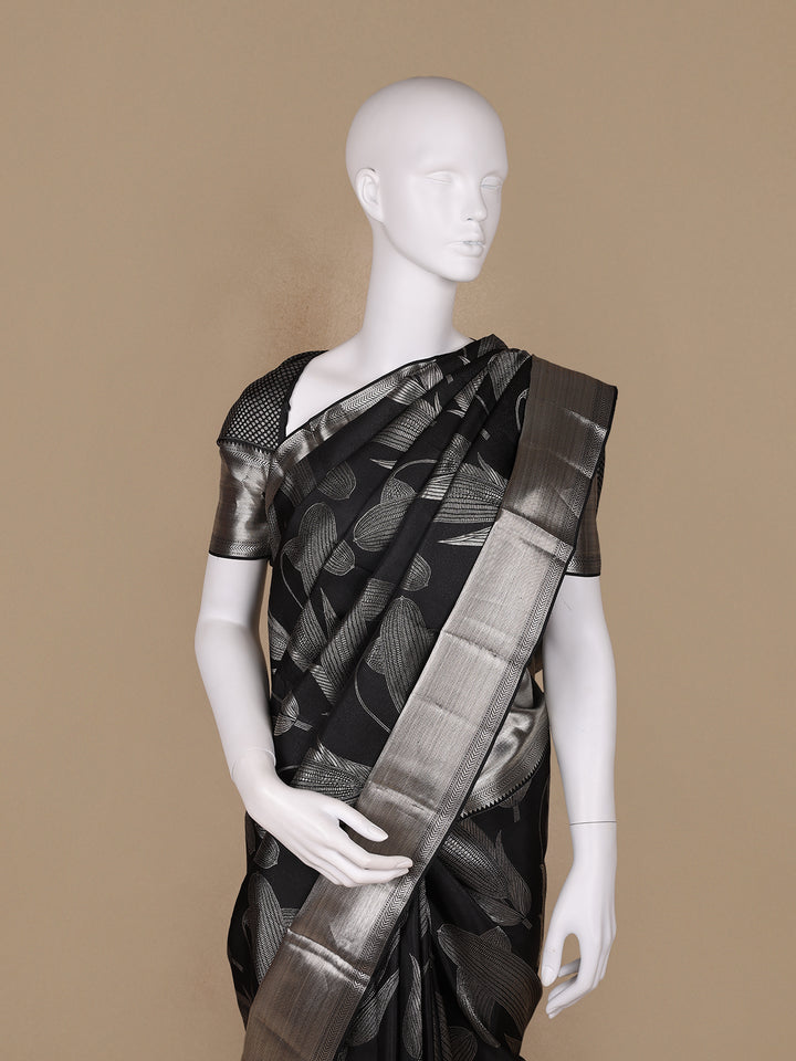 Black Floral Woven Pure Kanchipuram Silk Saree - Diadem