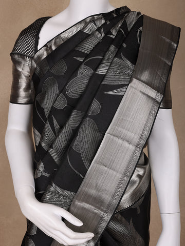 Black Floral Woven Pure Kanchipuram Silk Saree - Diadem