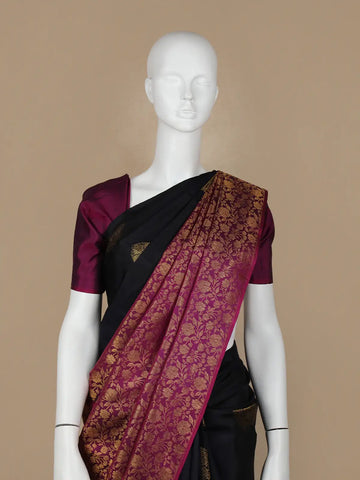Black Floral Woven Pure Kanchipuram Silk Saree - Diadem