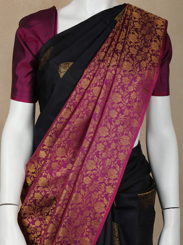 Black Floral Woven Pure Kanchipuram Silk Saree - Diadem