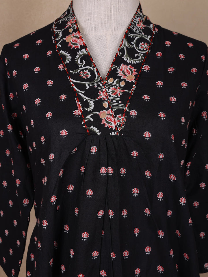 Black Floral Designed Cotton Salwar Suit - Diadem