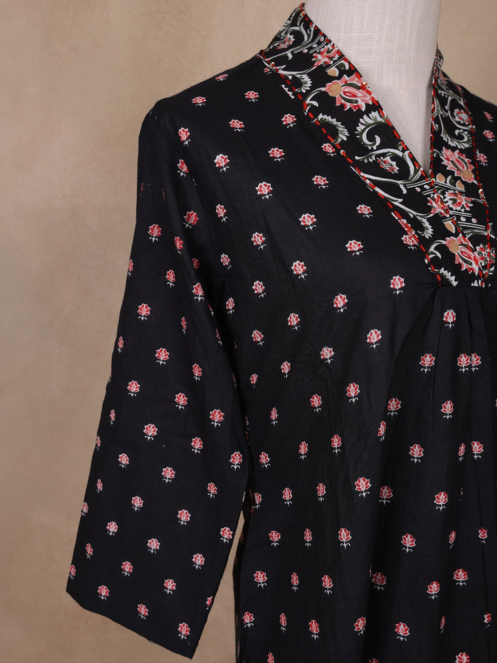 Black Floral Designed Cotton Salwar Suit - Diadem