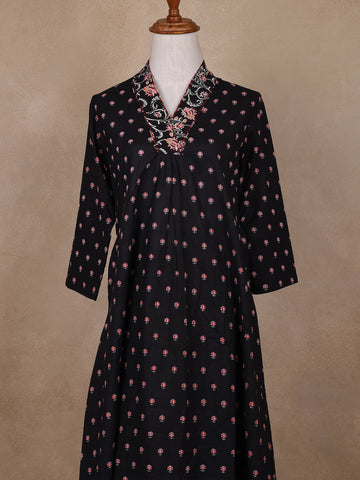 Black Floral Designed Cotton Salwar Suit - Diadem