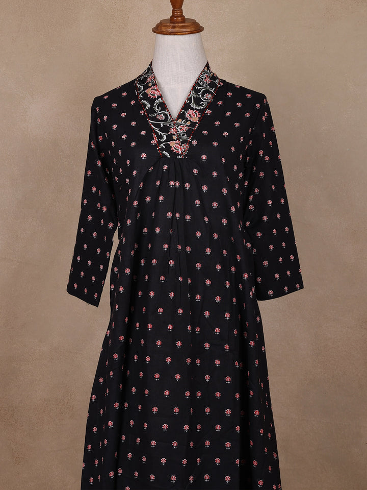 Black Floral Designed Cotton Salwar Suit - Diadem