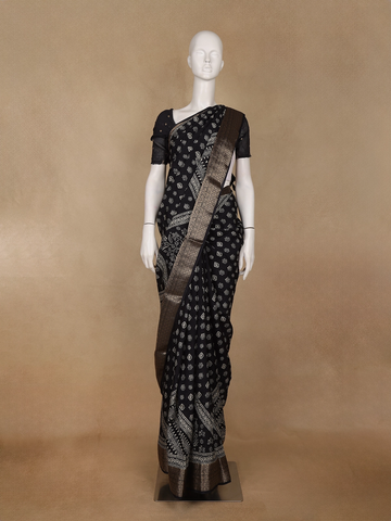 Black Floral Printed Cotton Saree - Diadem