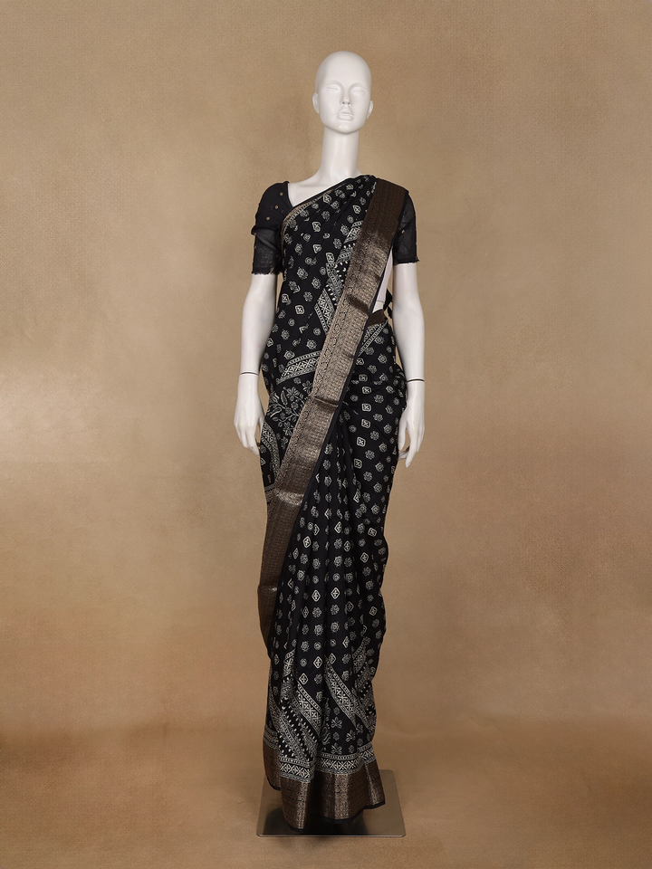 Black Floral Printed Cotton Saree - Diadem