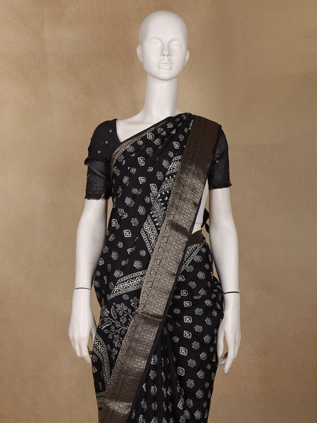 Black Floral Printed Cotton Saree - Diadem