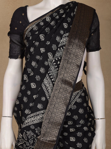 Black Floral Printed Cotton Saree - Diadem