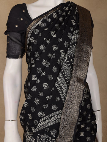 Black Floral Printed Cotton Saree - Diadem