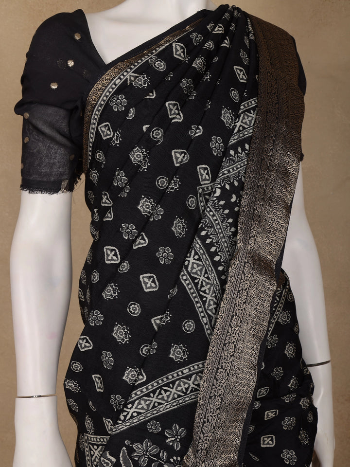 Black Floral Printed Cotton Saree - Diadem