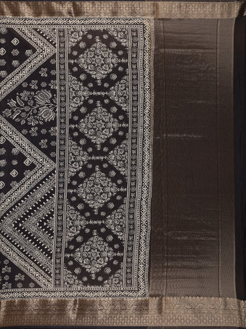 Black Floral Printed Cotton Saree - Diadem