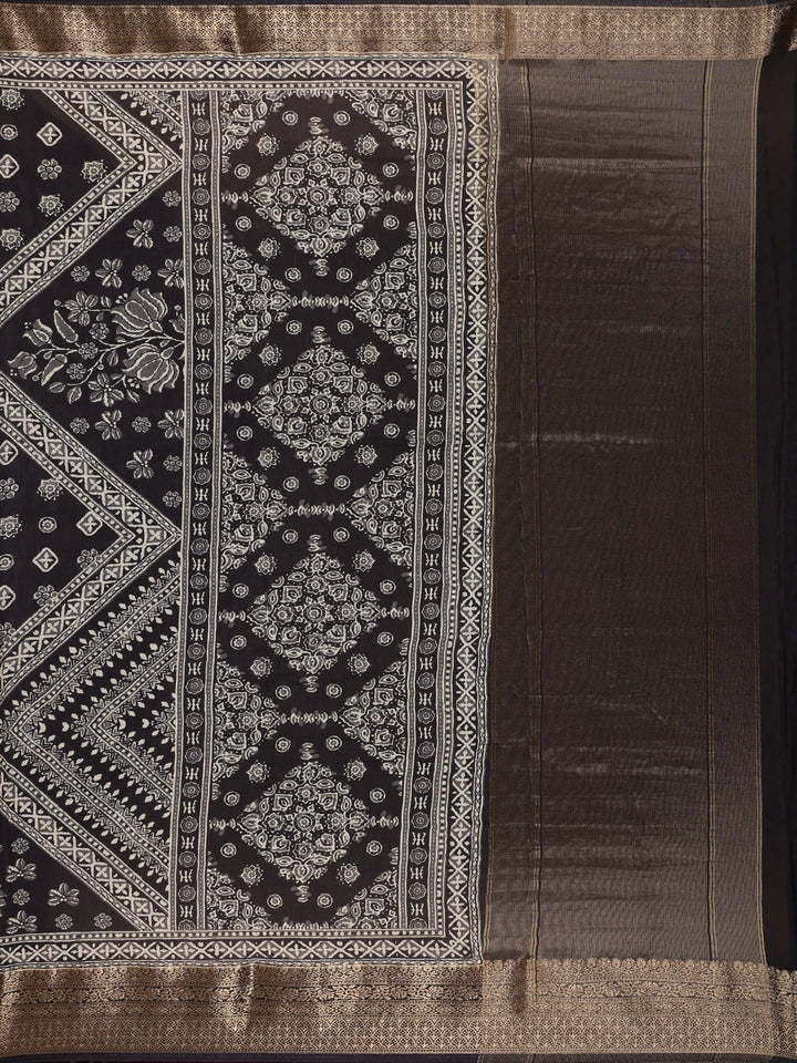 Black Floral Printed Cotton Saree - Diadem
