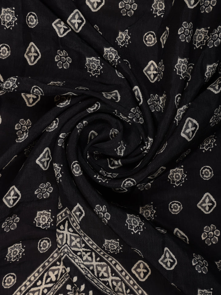 Black Floral Printed Cotton Saree - Diadem