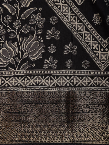 Black Floral Printed Cotton Saree - Diadem