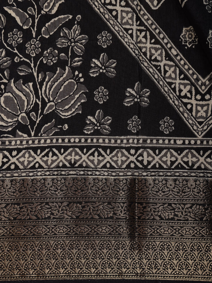 Black Floral Printed Cotton Saree - Diadem