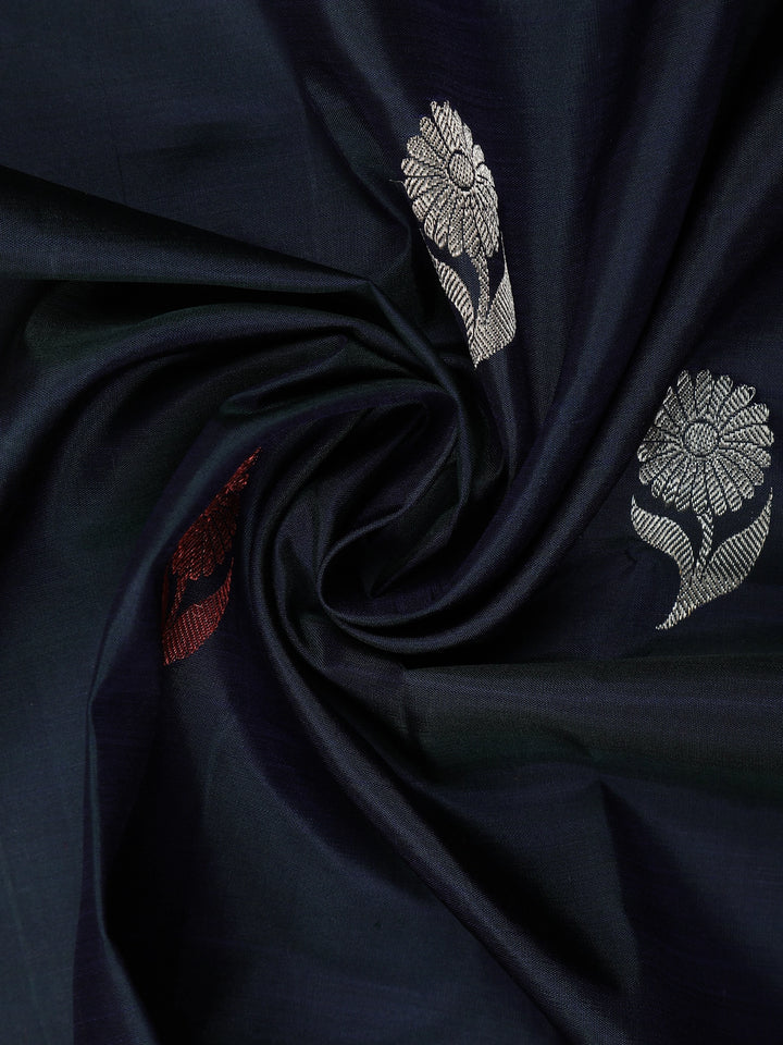 Black Floral Woven Pure Kanchipuram Silk Saree - Diadem