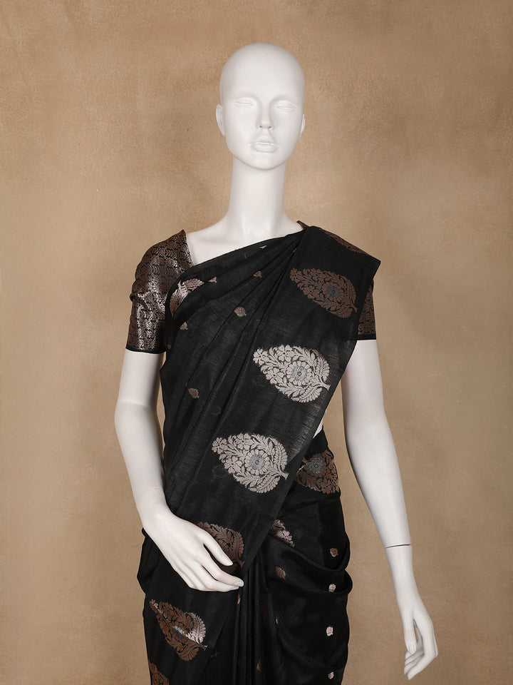 Black Leaf Motif Woven Banarasi Silk Saree - Diadem