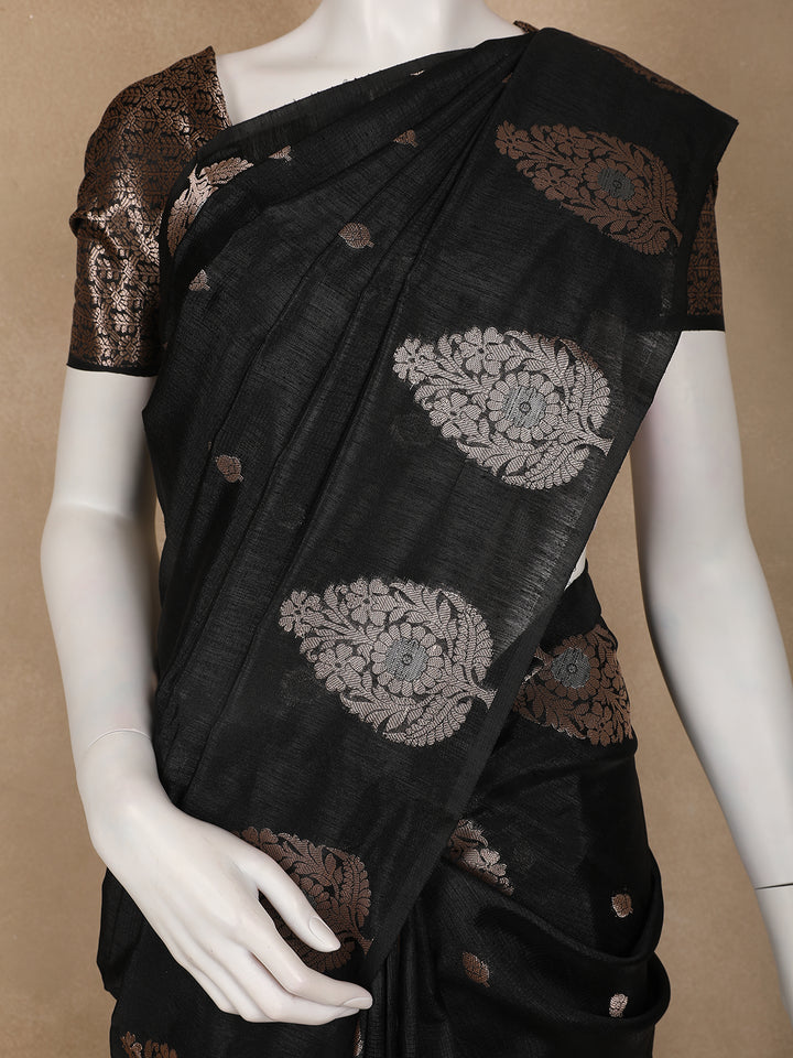 Black Leaf Motif Woven Banarasi Silk Saree - Diadem