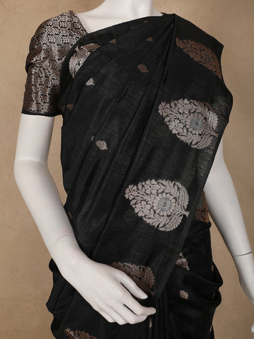 Black Leaf Motif Woven Banarasi Silk Saree - Diadem