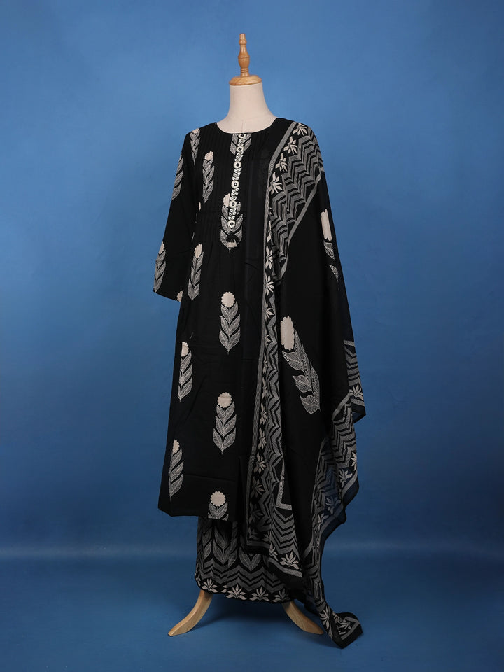 Black Leaf Printed Cotton Salwar Suit Set - Diadem