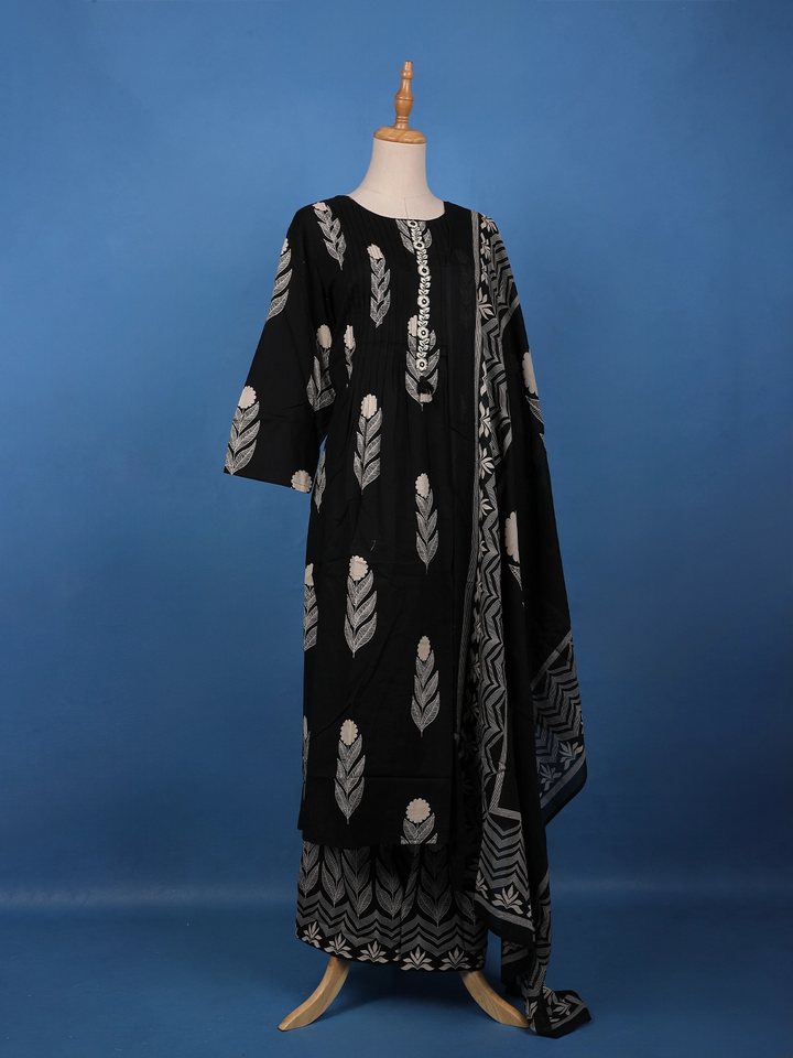 Black Leaf Printed Cotton Salwar Suit Set - Diadem