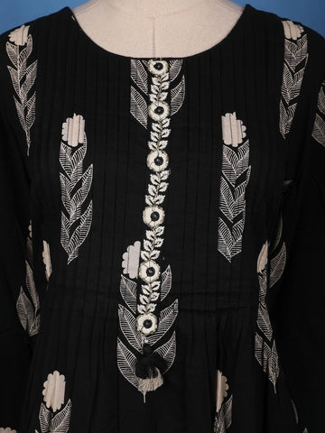 Black Leaf Printed Cotton Salwar Suit Set - Diadem
